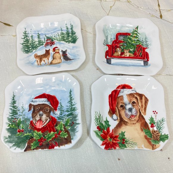 Maxcera 5” Square Christmas Assorted Appetizer Plates Red Trucks & Dogs Set of 4
